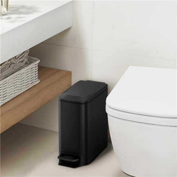 Small Black Bathroom Trash Can with Lid Step Pedal Soft Close Slim Garbage Bin - Picture 2 of 7